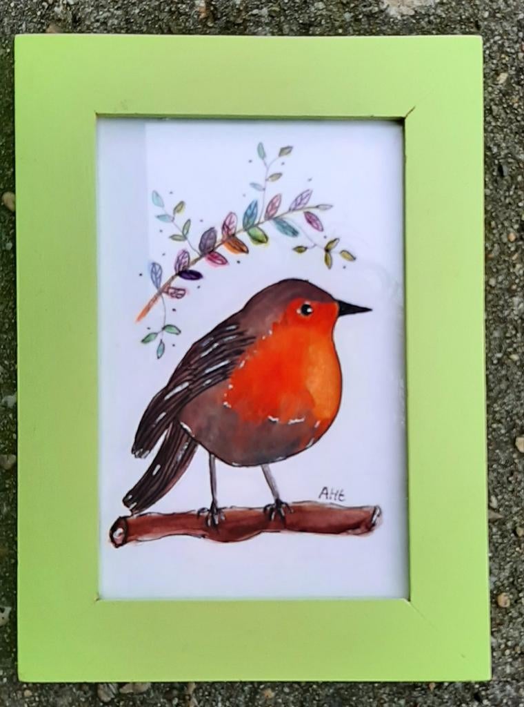 Schilderijtje Roodborstje aquarel ingelijst, Ophalen of Verzenden