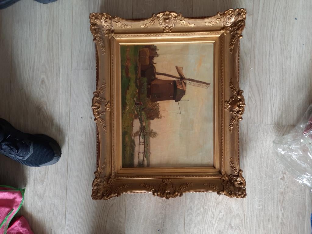 Oud Hollands Molen Schilderij in Gouden Barok Lijst, Ophalen of Verzenden