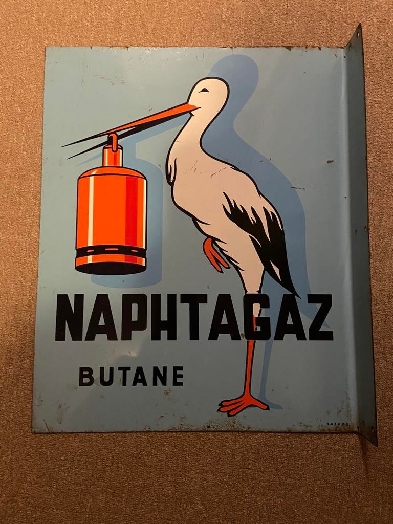 Oud blikken bord napthagaz . Dubbelzijdig ., Ophalen of Verzenden, Gebruikt, Reclamebord