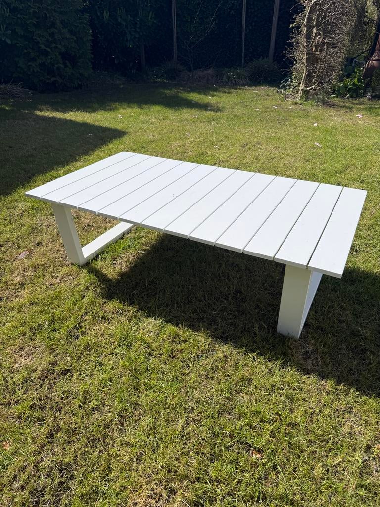 Witte aluminium buitensalon tafel 70x130x 37., Ophalen, Zo goed als nieuw, Rechthoekig, Aluminium