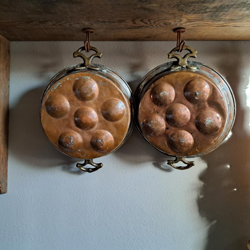 1x Oude brocante koperen poffertjespan 2 handgreepjes Etage3, Gebruikt, ., Ophalen of Verzenden, .