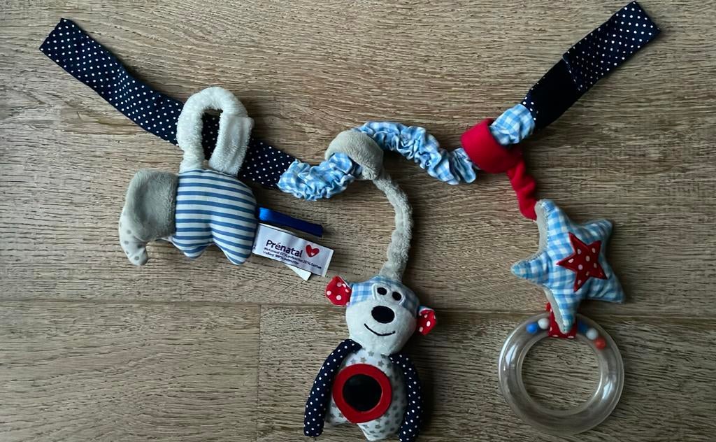 Prénatal - Wagenspanner blauw met rammelaar en spiegeltje, Ophalen of Verzenden, Gebruikt, Overige typen