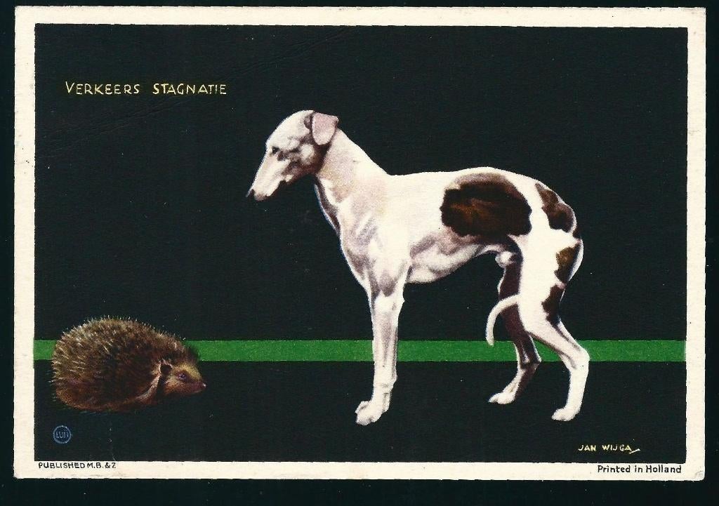 Ansichtkaart Jan Wijga hondenserie hond en egel, Verzamelen, Verzenden, 1940 tot 1960, Gelopen, Overige thema's