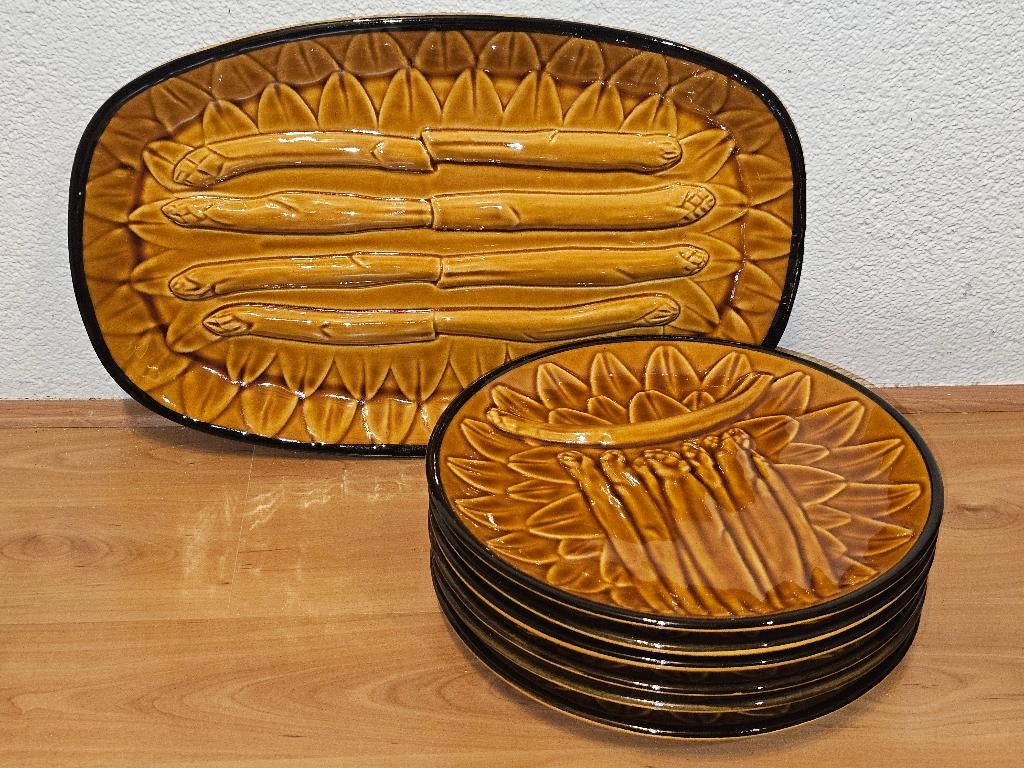 Vintage Frans Aspergeservies Ceramique Elchinger (6+1), Huis en Inrichting, Keuken | Servies, Keramiek, Ophalen of Verzenden, Zo goed als nieuw