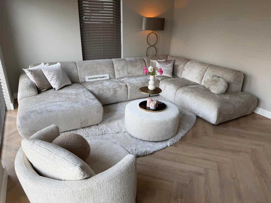 ACTIE Luxe Velvet Teddy U-bank Calvani 170x370x250cm Beige, Huis en Inrichting, Banken | Bankstellen, Info@oosterbaanwonen.nl