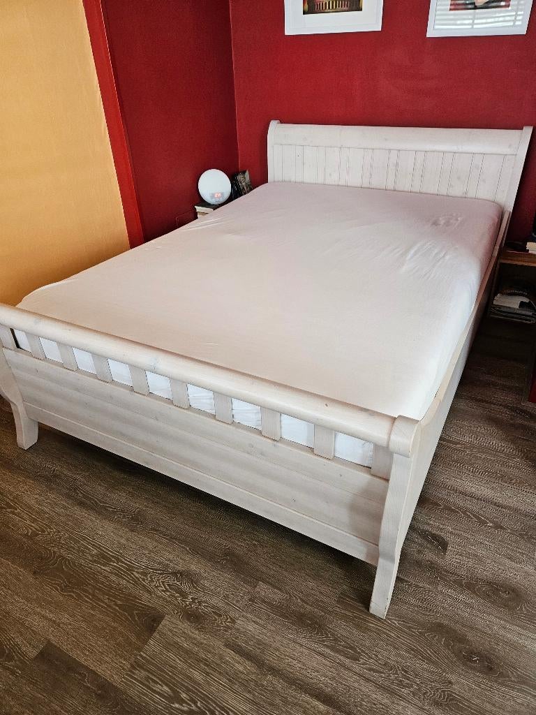 Grenen whitewash tweepersoonsbed en kledingkast, Huis en Inrichting, Slaapkamer | Complete slaapkamers, Ophalen, Gebruikt, Tweepersoons