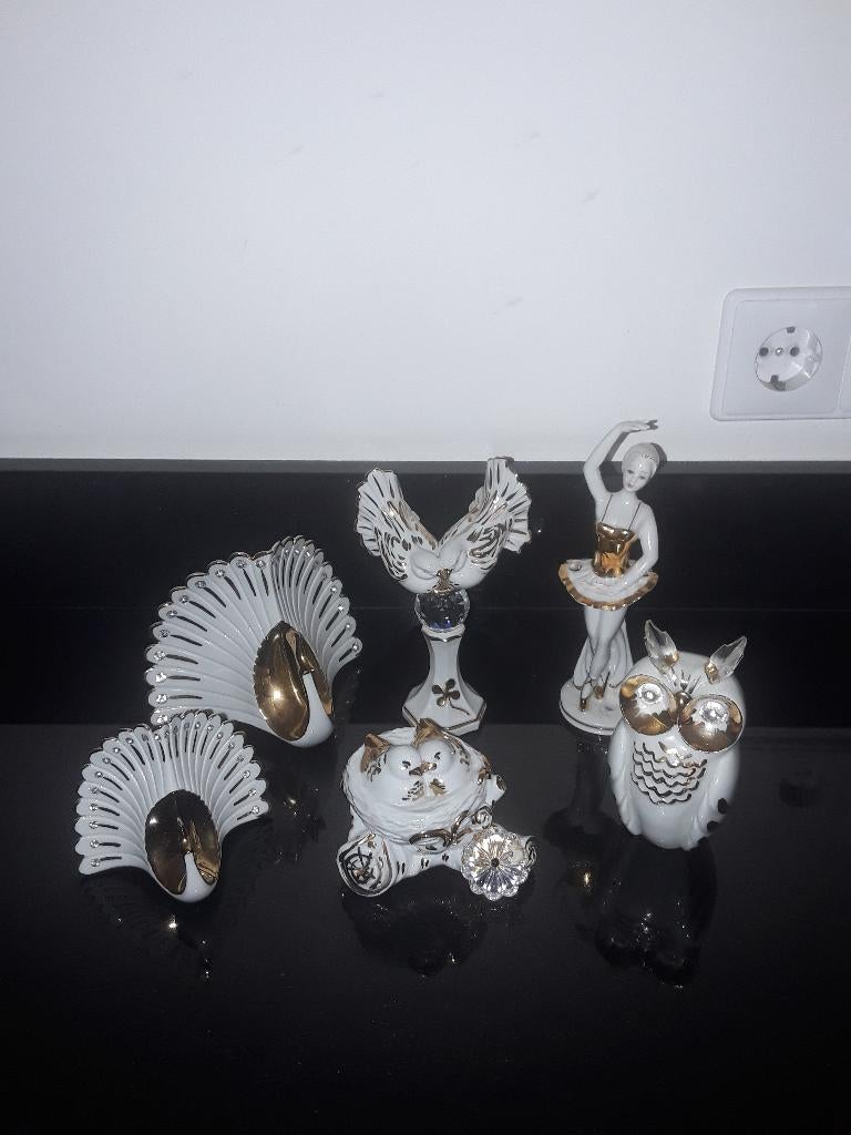 6 Capodimonte bladgouden beeldjes met swarovski kristal, Verzenden, Zo goed als nieuw, Porselein, Beeldje(s)