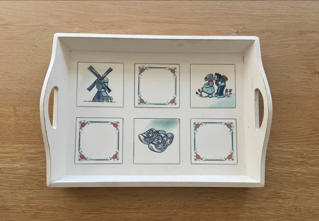 Houten dienblad met Delfts blauwe tegeltjes, Ophalen of Verzenden, Gebruikt, Rechthoekig, Hout