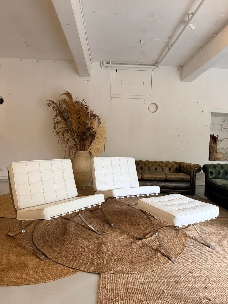 Barcelona Chair + Ottoman Set - Leer & Metaal, Huis en Inrichting, Fauteuils, Ophalen of Verzenden, Gebruikt, Leer, 75 tot 100 cm