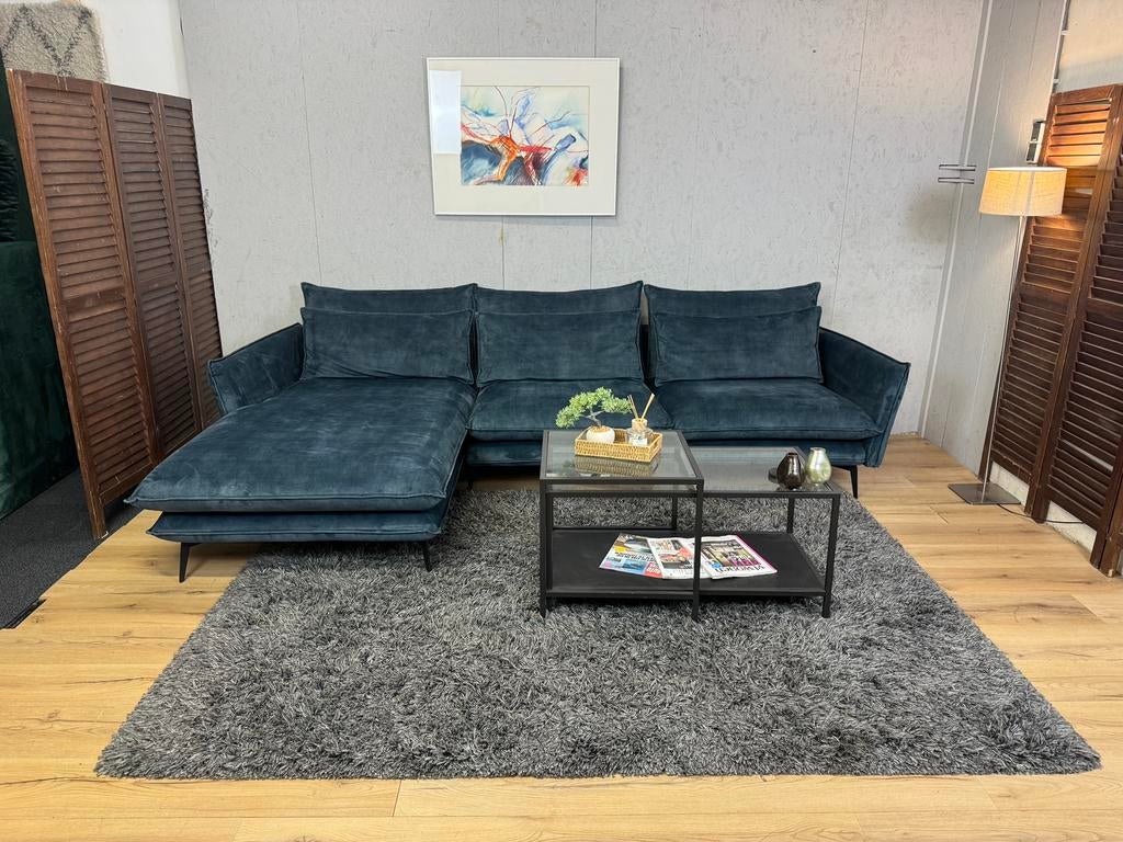 Nachtblauwe “Feel - Elin”  Velvet Loungebank- Gratis Bezorgd, Hoekbank, Ophalen of Verzenden, Zo goed als nieuw, Noordkade 68A