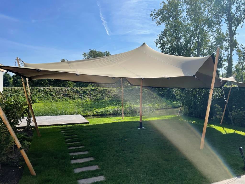 TE HUUR stretchtent 7,5x10,5m BEIGE, Tuin en Terras, Partytenten, Verzenden, Nomadik, Partytent, 6 meter of meer