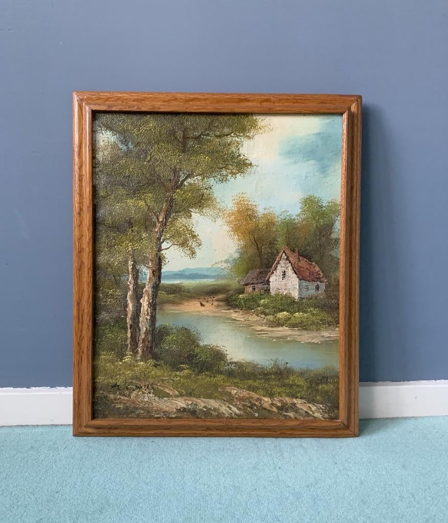 Romantisch Olieverfschilderij Eikenhout lijst 39,5x47cm, Antiek en Kunst, Ophalen of Verzenden