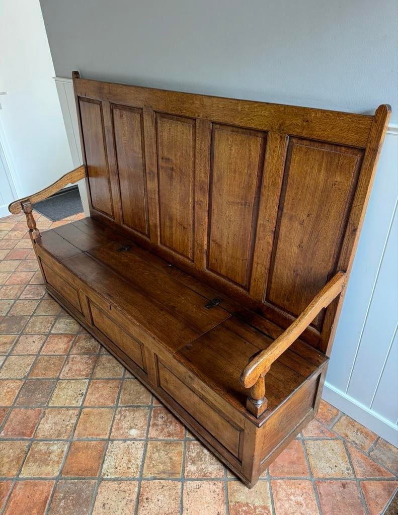 Antieke Engelse houten Halbank klepbank bank, Ophalen