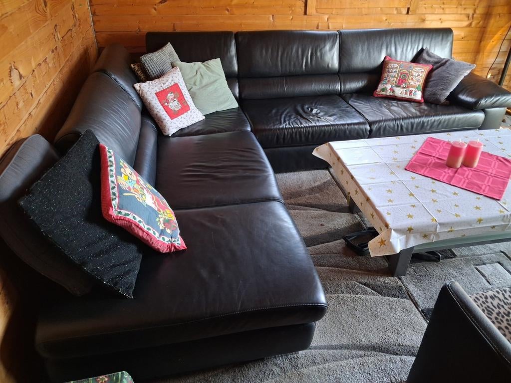 Hoekbank zwart vol-leder, Ophalen, 250 tot 300 cm, Gebruikt, Hoekbank