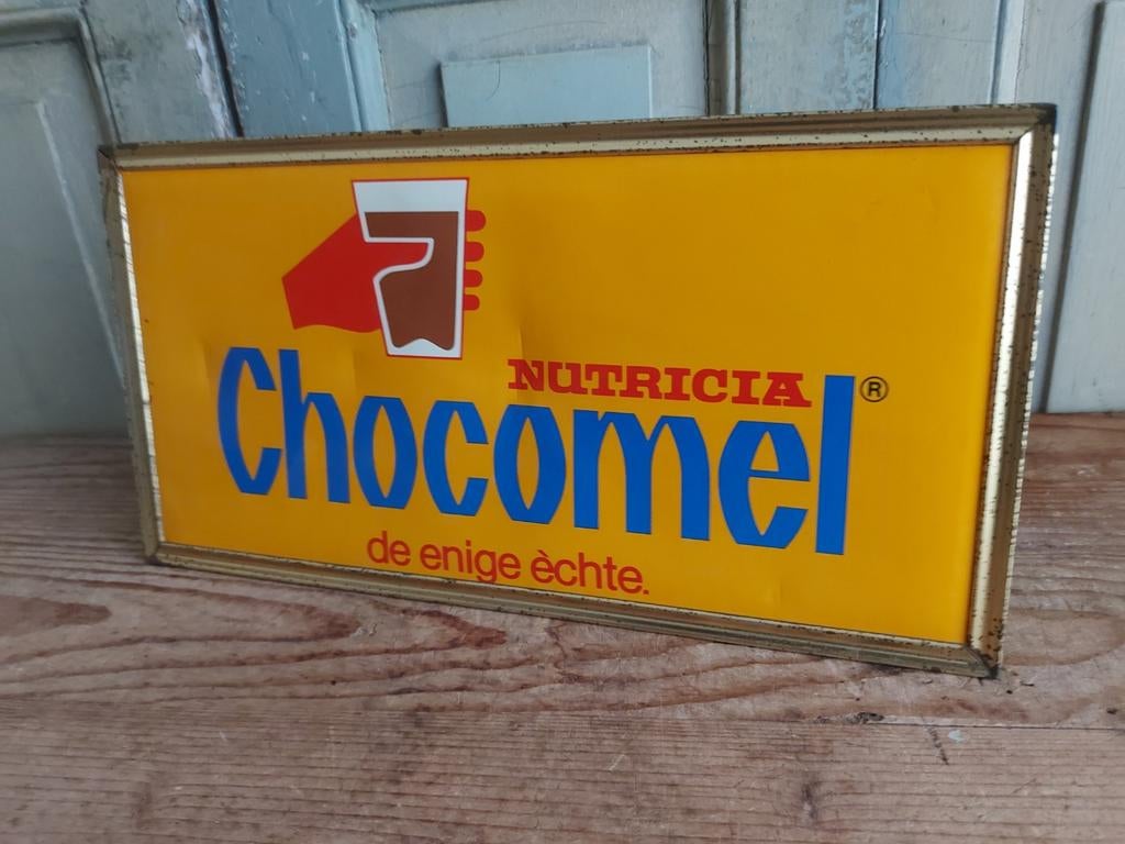 Oud reclamebord chocomel in orginele lijst, Ophalen of Verzenden, Zo goed als nieuw, Reclamebord