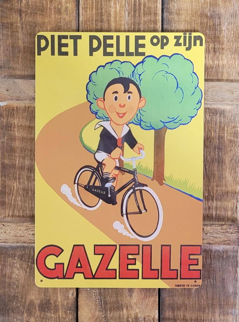 Piet Pelle op zijn Gazelle reclamebord van metaal wandbord, Verzamelen, Merken en Reclamevoorwerpen, Reclamebord, Info@deconoord.nl