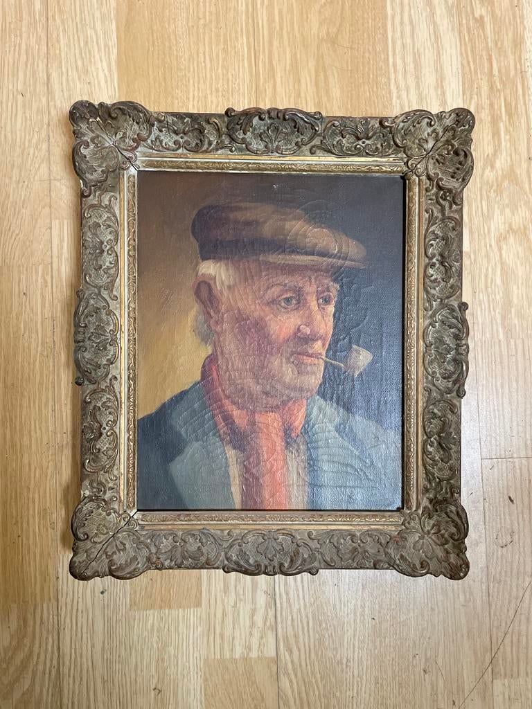 Oud portret van een pijprokende man in lijst, Antiek en Kunst, Kunst | Schilderijen | Klassiek, Ophalen of Verzenden