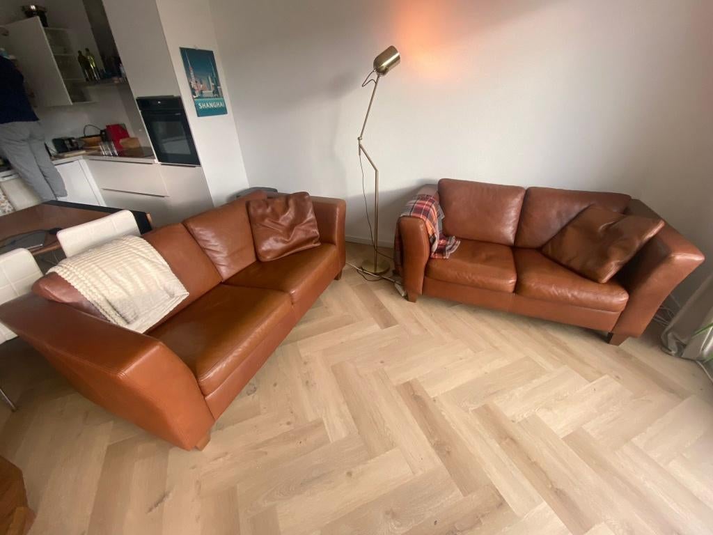 Cognac Leren Lederland Luxe Bank Set, Huis en Inrichting, Banken | Bankstellen, Ophalen, 150 tot 200 cm, Driepersoons, Zo goed als nieuw