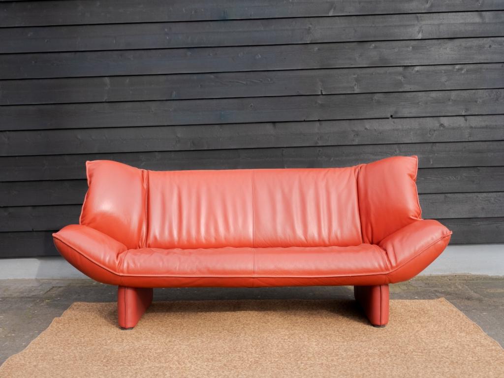 Leolux Tango | 3 zits design bank | Rood leer | Vintage, Gebruikt, Driepersoons, Ophalen of Verzenden, Rechte bank