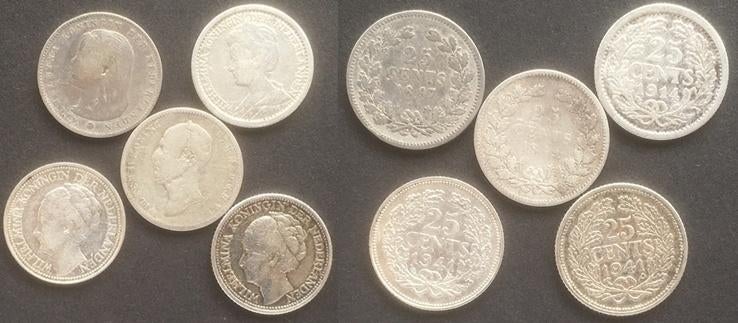 5 kwartjes 1849, 1897,1914, 1941 & 1941pp, Verzenden, Koningin Wilhelmina, 25 cent, Zilver