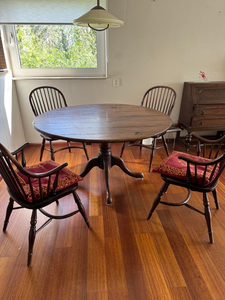 Antieke engelse ronde eettafel met 4 stoelen, Huis en Inrichting, Tafels | Eettafels, Ophalen, Gebruikt, Rond, Vier personen