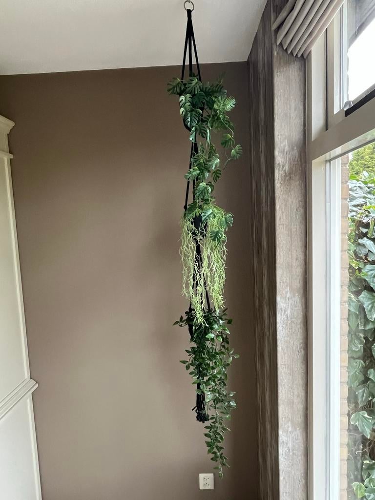 Zwarte wandhanger met 3 groene kunstplanten (1.52m), Binnen, Groen, Kunstplant, Ophalen of Verzenden