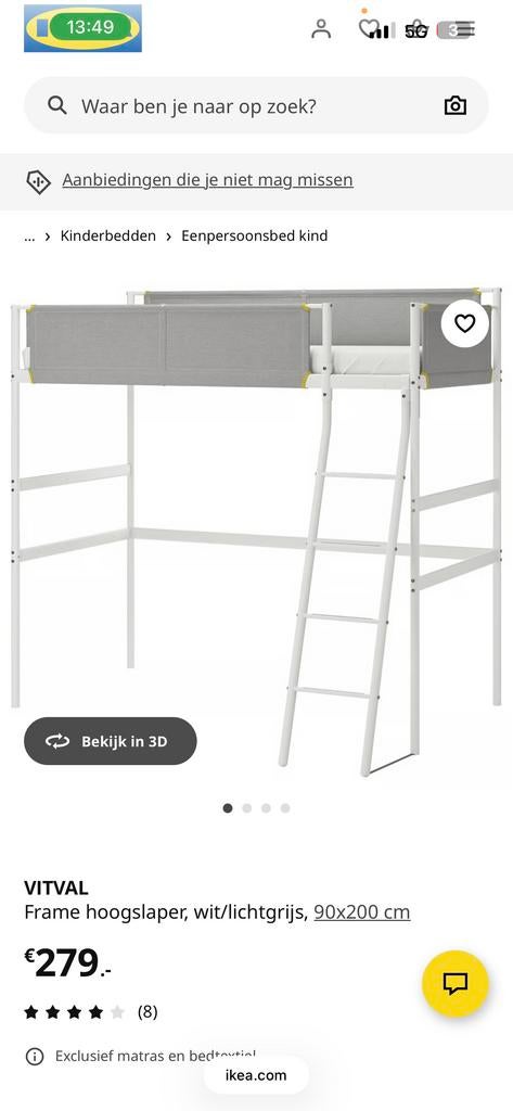 Hoogslaper wit/lichtgrijs, 90x200 cm - IKEA VITVAL, Kinderen en Baby's, Kinderkamer | Stapelbedden en Hoogslapers, Ophalen, Zo goed als nieuw