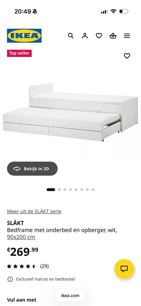 IKEA bed met uitschuifbed en lade, Gebruikt, 90 cm, Eenpersoons, Wit