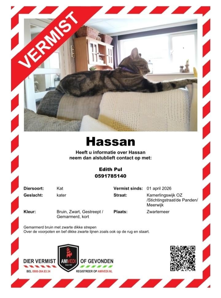 Vermist sinds woensdag 1 april in Zwartemeer: HASSAN