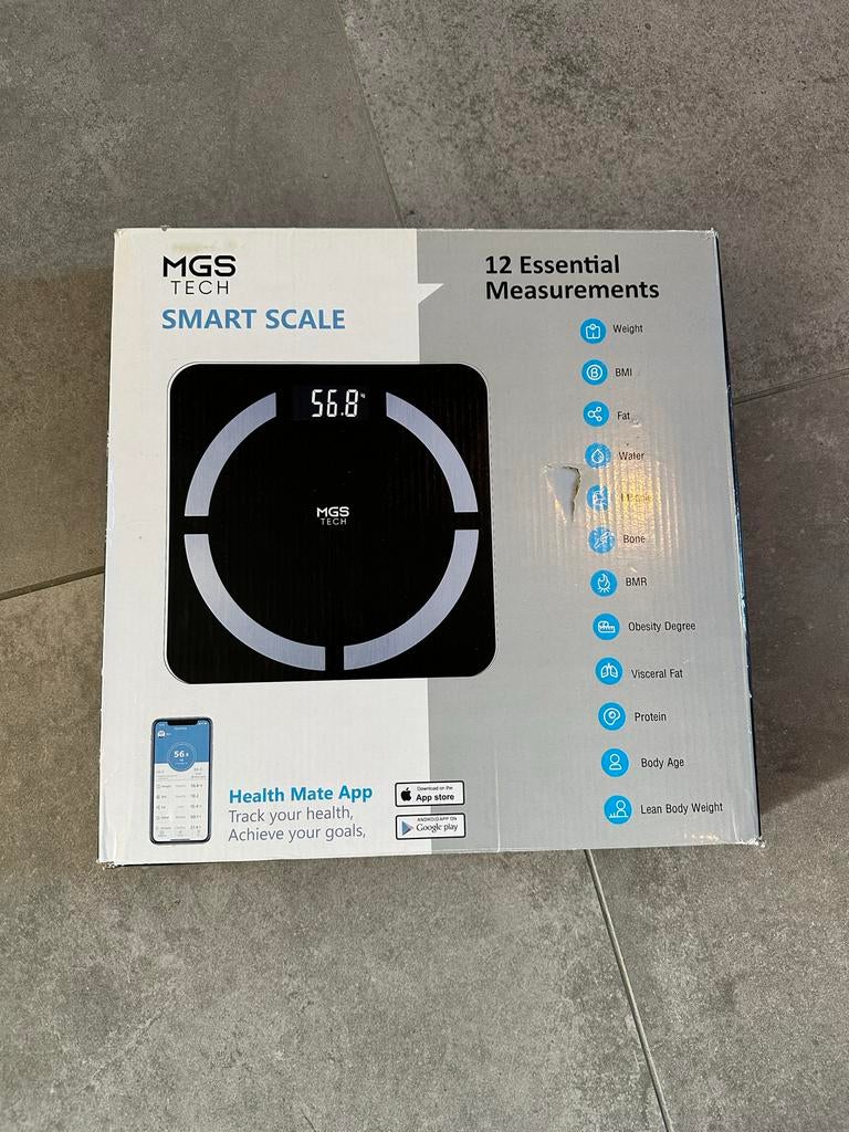 MGS Tech Slimme Personenweegschaal met Lichaamsanalyse, Ophalen, 1 tot 500 gram, Nieuw, 100 kg of meer