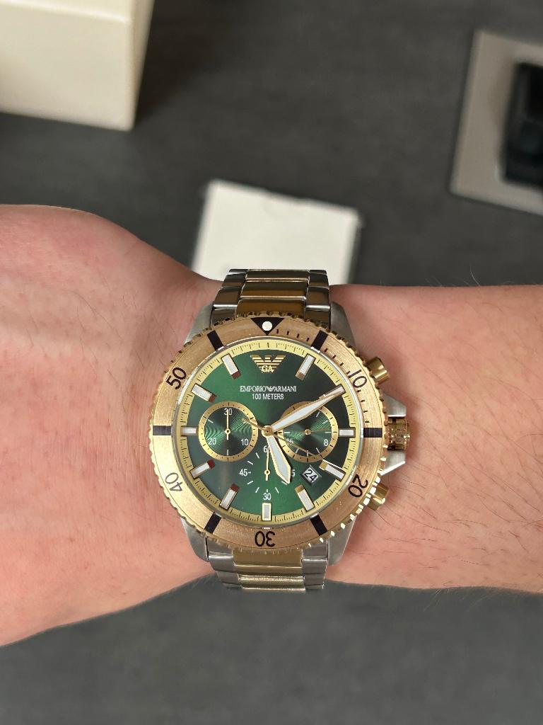 Emporio Armani Chronograaf zilver/goud met groene dial 43mm, Overige merken, Staal, Staal, Polshorloge