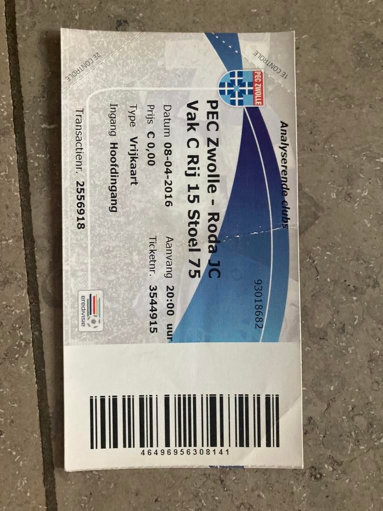 TICKET PEC ZWOLLE-RODA JC 15-16, Ophalen of Verzenden, Zo goed als nieuw, Roda JC, Overige typen