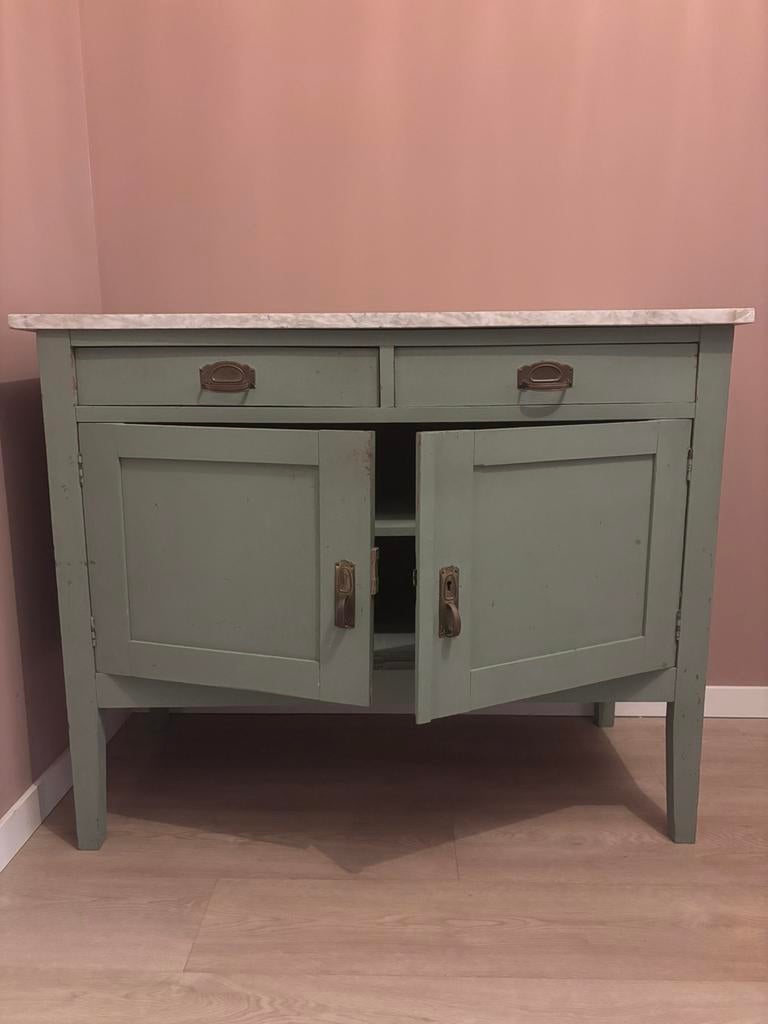 Groen Dressoir / Commode met marmeren blad, Ophalen, Gebruikt, 100 tot 150 cm, 25 tot 50 cm