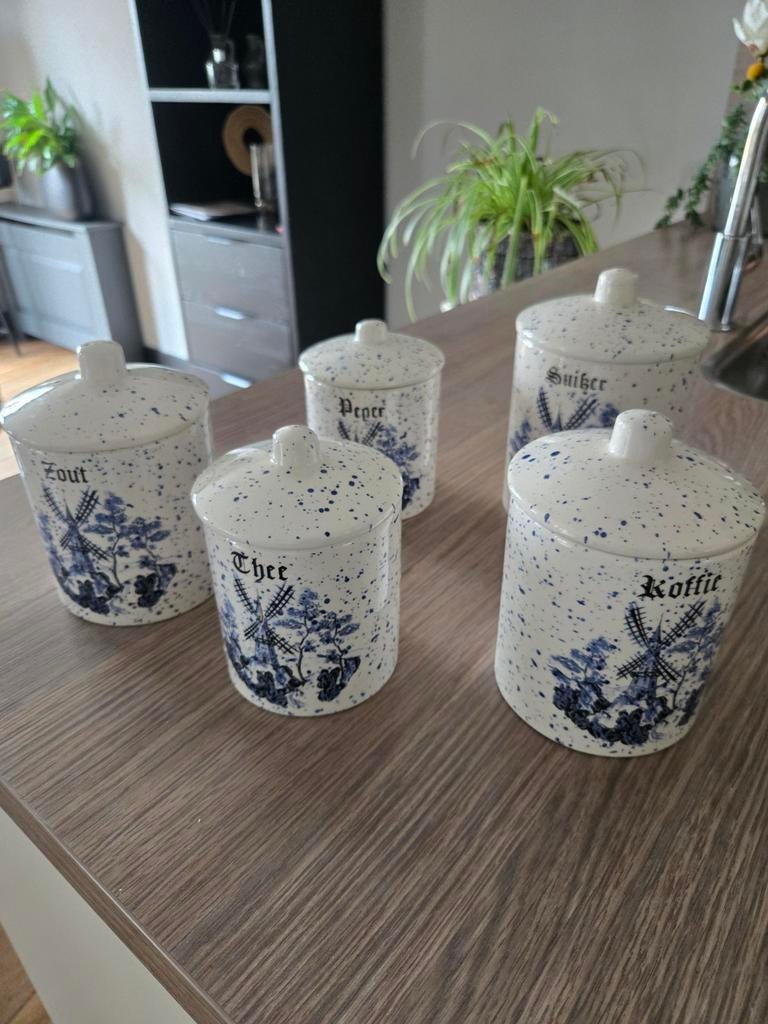 Vintage voorraadpotten set - Delfts blauw spikkel design, Ophalen of Verzenden