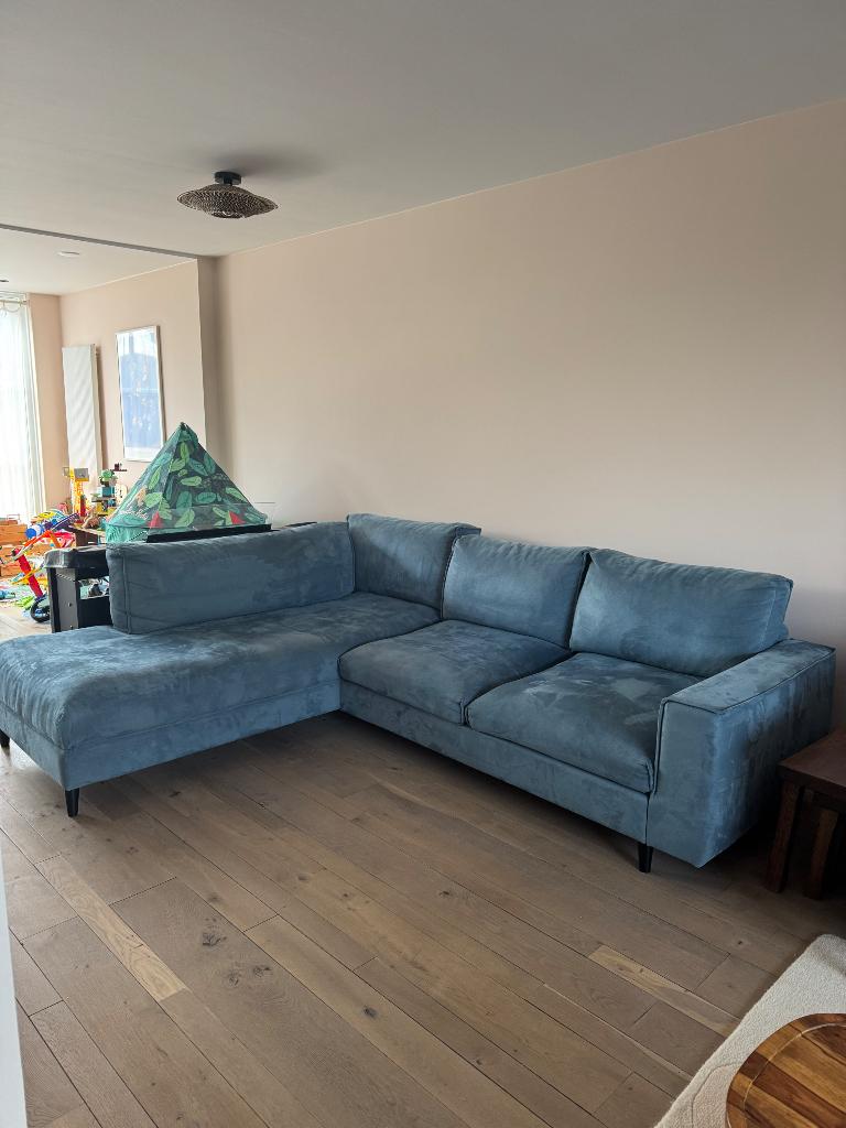 Hoekbank microvezel blauw, Huis en Inrichting, Banken | Bankstellen, Ophalen, Kunststof, Gebruikt, 300 cm of meer