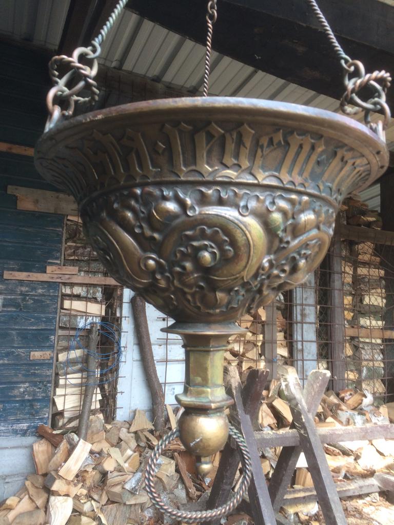 mooie antieke koperen Godslamp in art-deco stijl., Antiek en Kunst, Antiek | Lampen, Ophalen