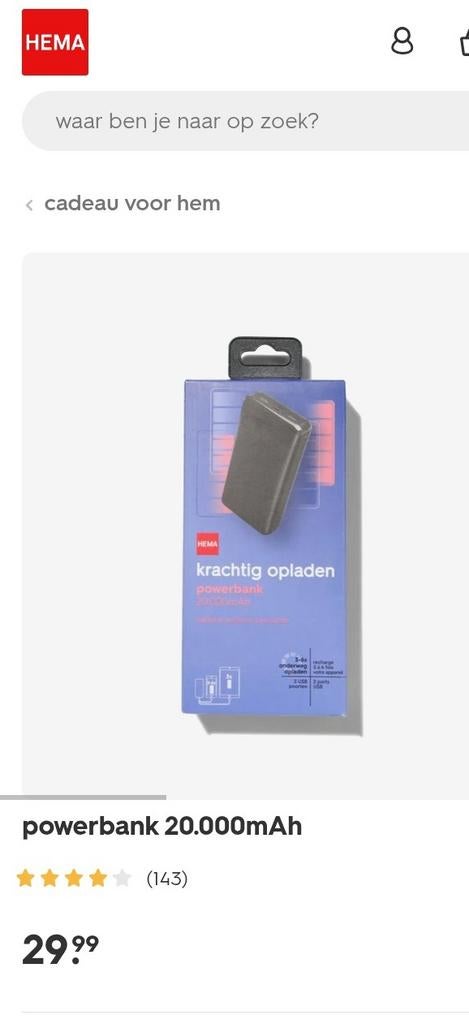 Hema Powerbank 20000mAh - Lange batterijduur, Ophalen of Verzenden, Nieuw, Hema