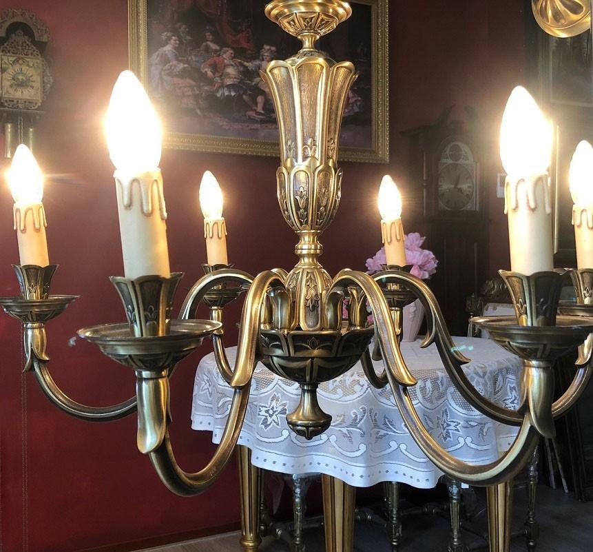 Groot kroonluchter / hanglamp antiek brons 7 arms kandelaars, Antiek en Kunst, Antiek | Lampen, Ophalen of Verzenden