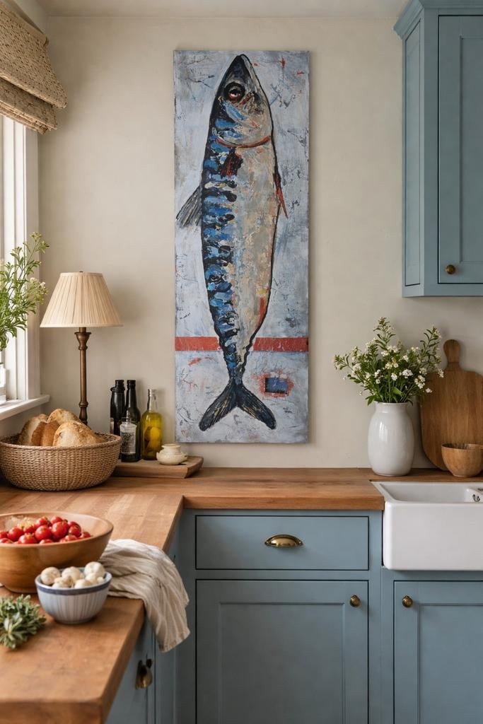Schilderij fish kitchen vis keuken blauw acryl 100x30, Ophalen of Verzenden, Nieuw