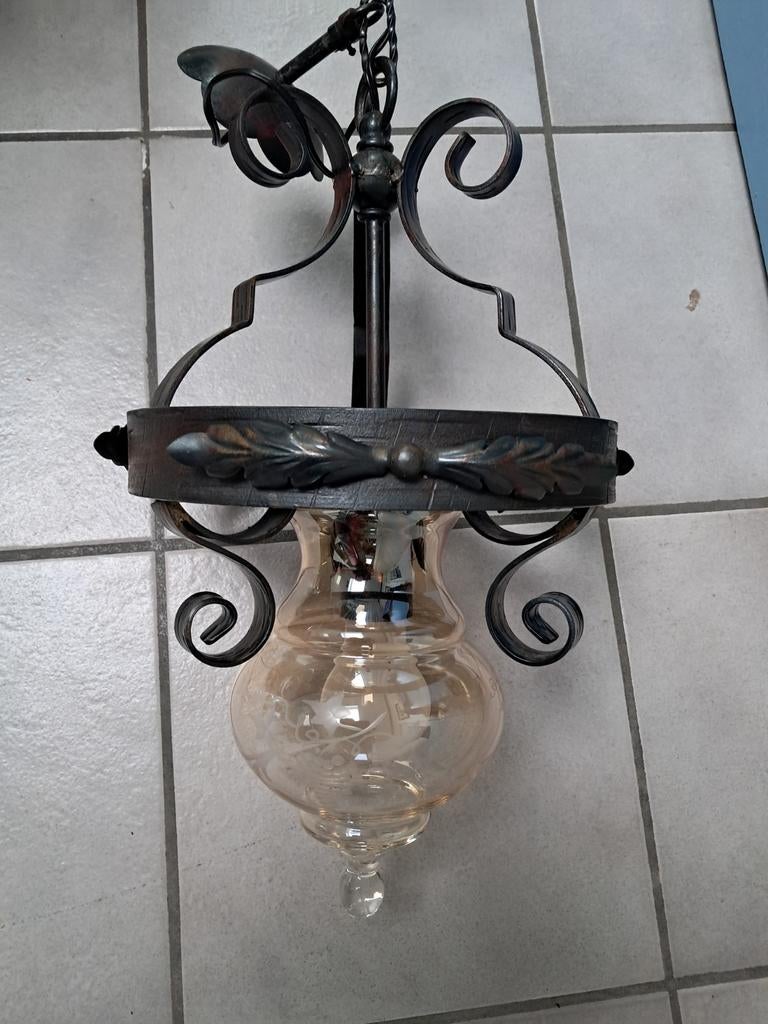 Smeedijzeren hallamp lamp vintage met glazen kap, Ophalen of Verzenden, Zo goed als nieuw