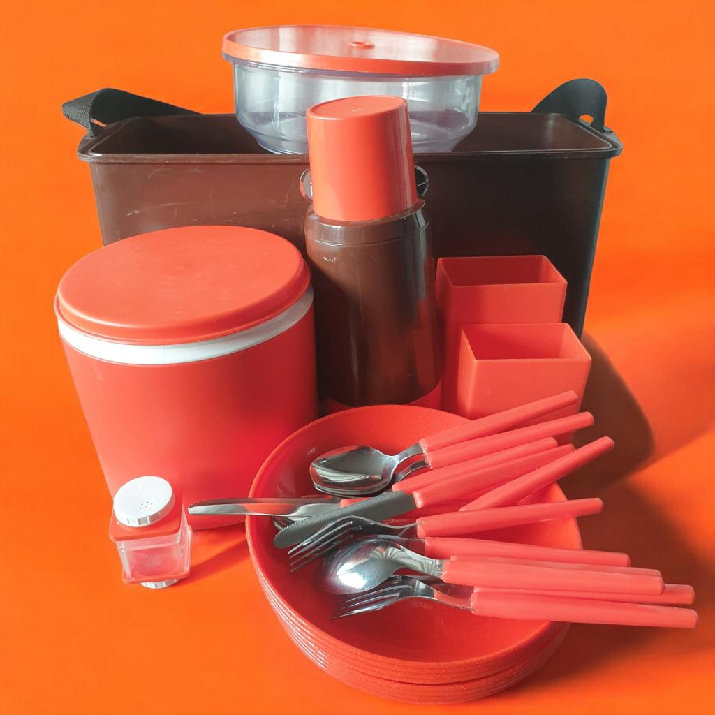 Retro picknickset Safari Style oranje bruin 25 delig 1901, Verzamelen, Retro, Ophalen of Verzenden, Huis en Inrichting
