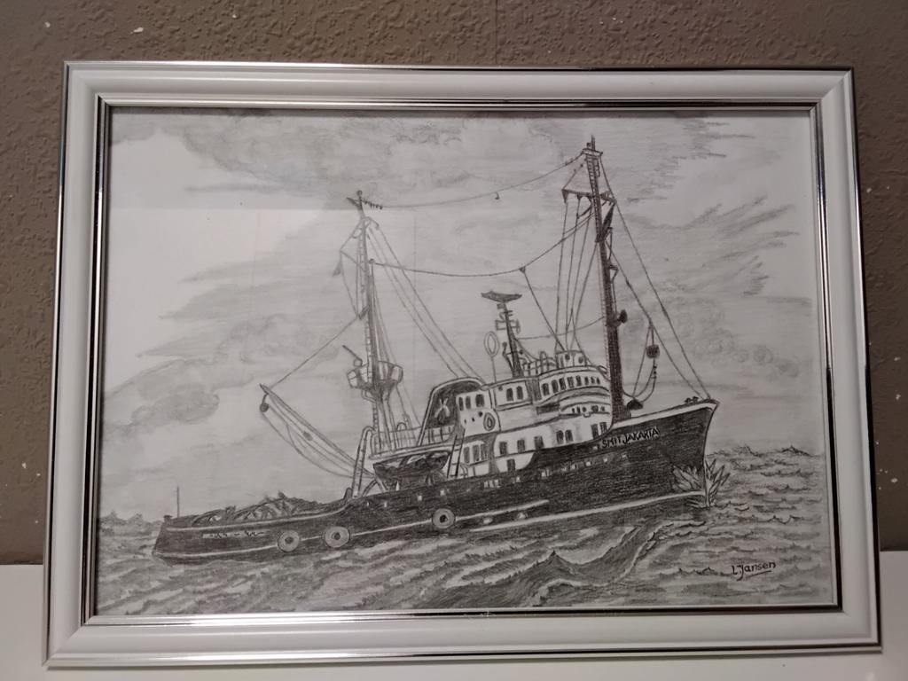Tekening van een sleepboot 'Smit Jakarta' gesigneerd, Ophalen, Zo goed als nieuw, Boek of Tijdschrift