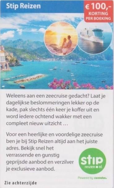 Stip Reizen €100,- korting per boeking op zeecruises, Drie personen of meer, Kortingsbon, Overige typen