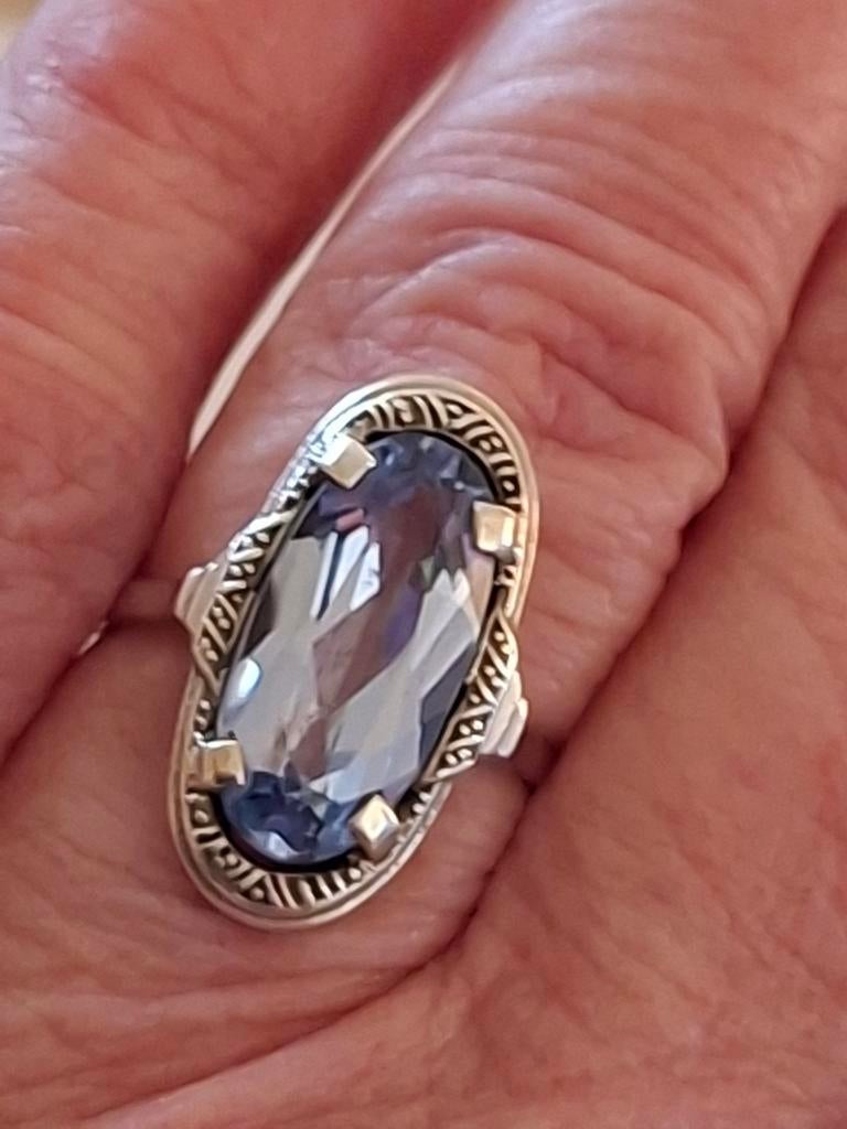 Prachtige zilveren antieke ring met blauwe topaas, Ophalen of Verzenden