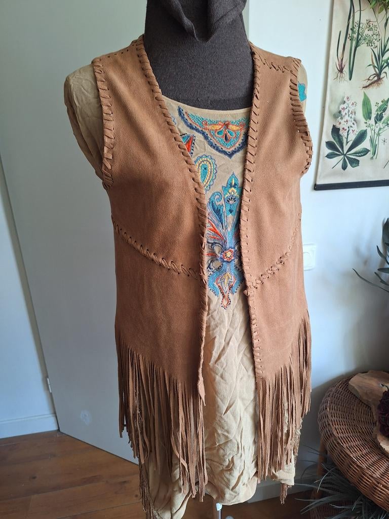 Suedine vest s m franjes, Ophalen of Verzenden, Zo goed als nieuw, Beige