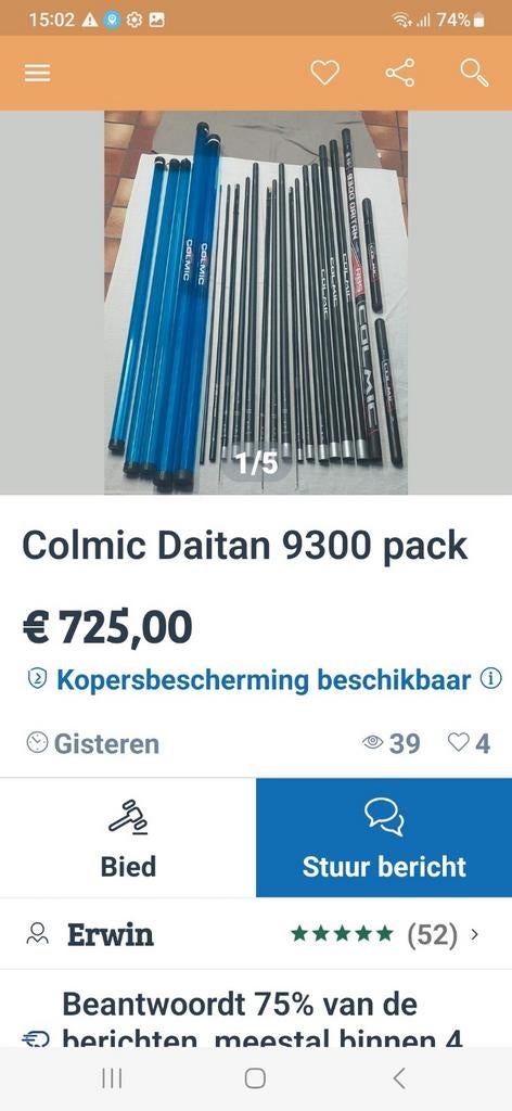 Vastenstok colmic 13 meter, Watersport en Boten, Ophalen, Vaste hengel