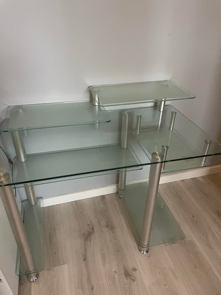 Glazen Computer tafel met metalen poten, Ophalen, Gebruikt