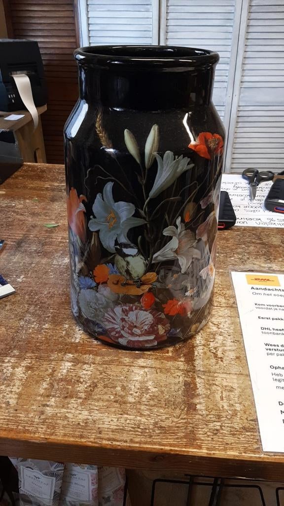 Heinen Delfts Blauw Vaas met Bloemen en Vogels, Huis en Inrichting, Woonaccessoires | Vazen, Ophalen of Verzenden