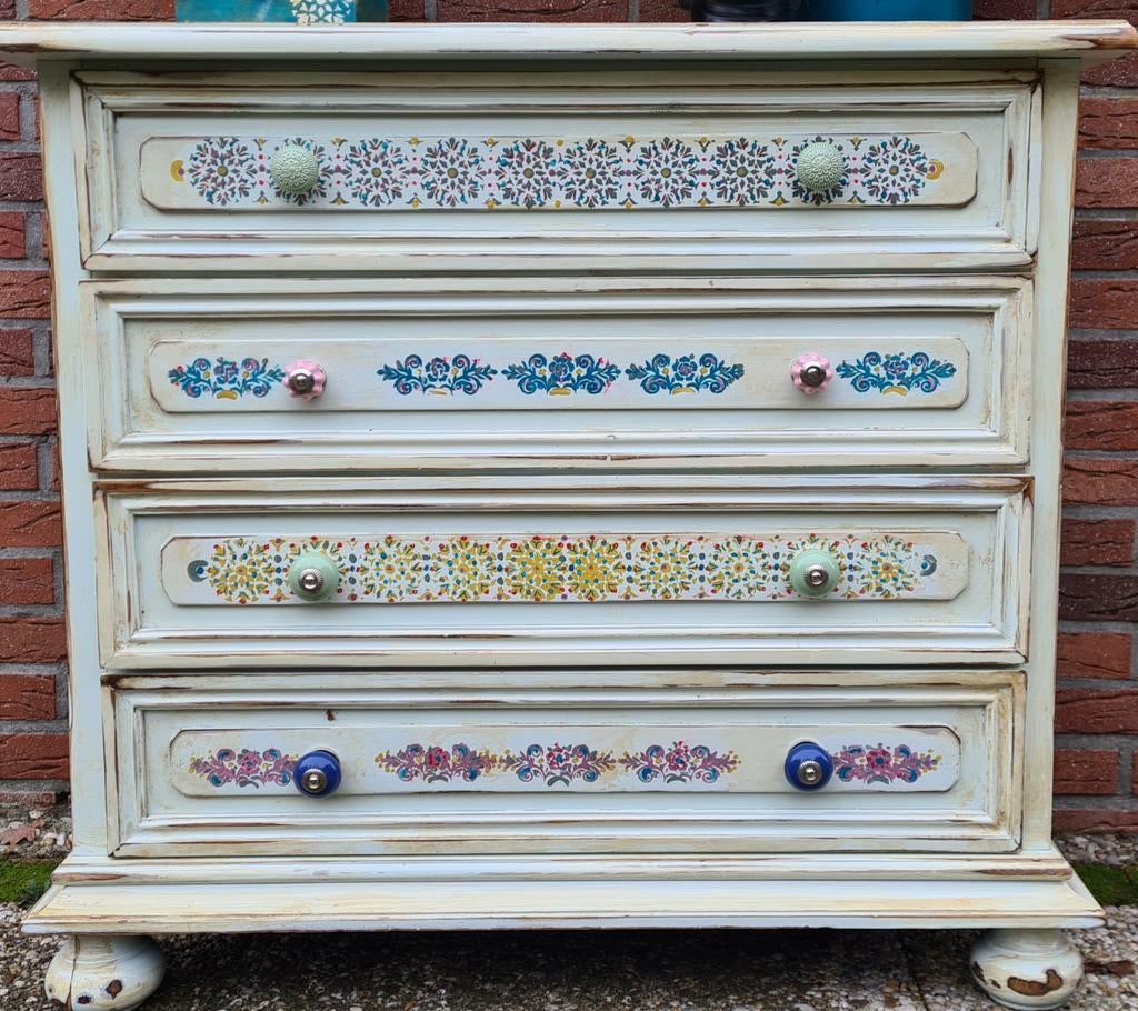 Brocante vintage ladenkast commode handbeschilderd uniek!, Ophalen, 50 tot 100 cm, Zo goed als nieuw, 3 of 4 laden