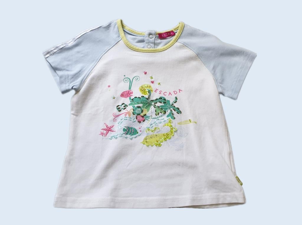 ESCADA wit blauw T-shirt met opdruk maat 81 ~ BL2007, Kinderen en Baby's, Babykleding | Maat 80, Zo goed als nieuw, Meisje, Shirtje of Longsleeve